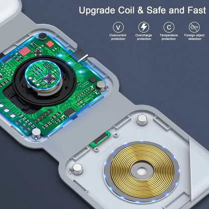 3-In-1 Wireless Charger Compatible with Multiple Devices Including Iphone 17/16/15/14/13 Series, Airpods 4/3/Pro, and Iwatch (Adapter Included) - Magnetic Foldable Design