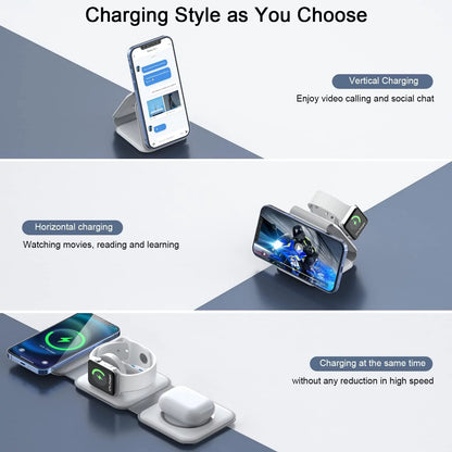 3-In-1 Wireless Charger Compatible with Multiple Devices Including Iphone 17/16/15/14/13 Series, Airpods 4/3/Pro, and Iwatch (Adapter Included) - Magnetic Foldable Design
