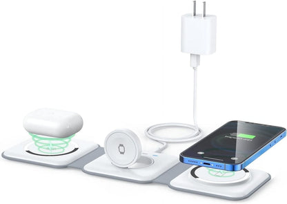 3-In-1 Wireless Charger Compatible with Multiple Devices Including Iphone 17/16/15/14/13 Series, Airpods 4/3/Pro, and Iwatch (Adapter Included) - Magnetic Foldable Design