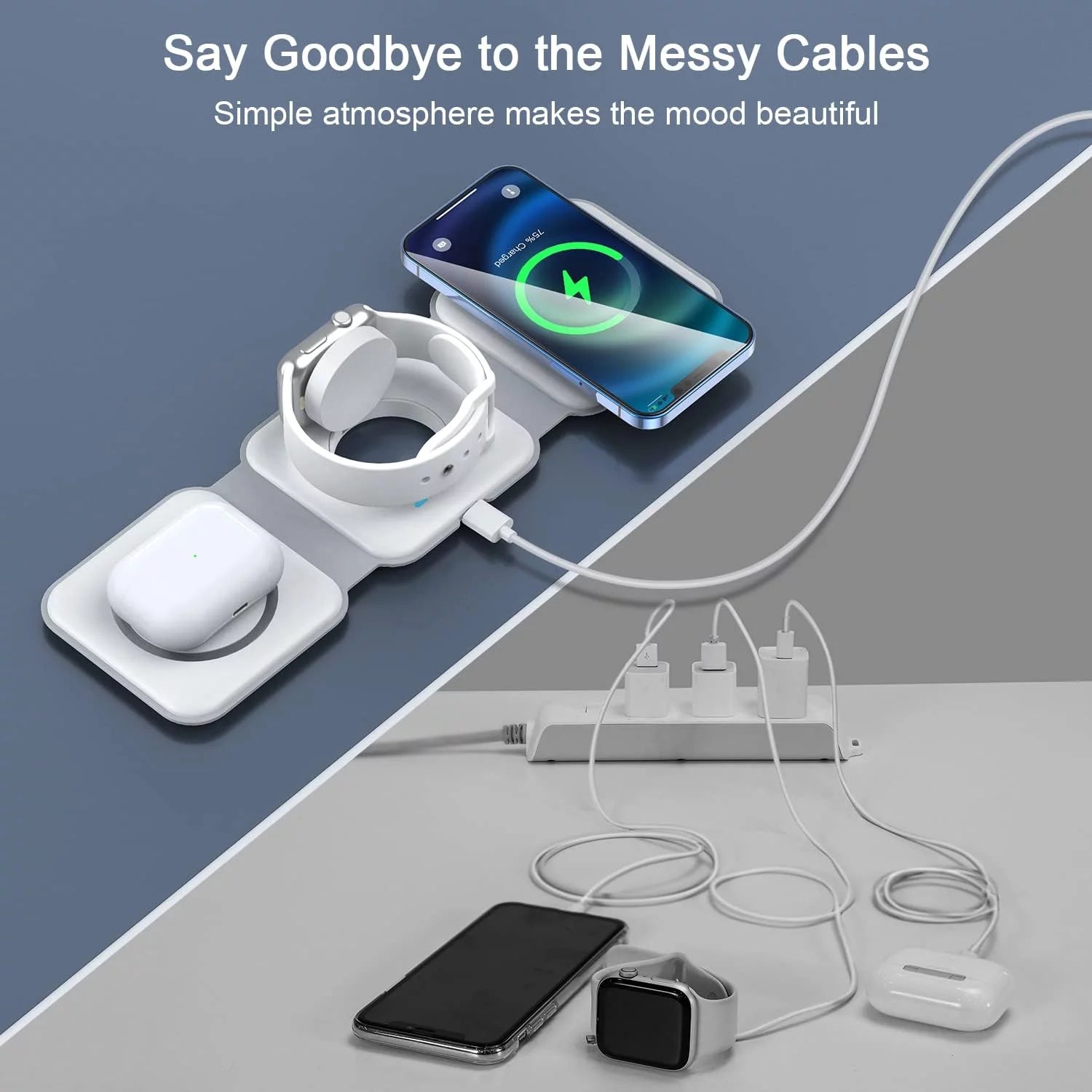 3-In-1 Wireless Charger Compatible with Multiple Devices Including Iphone 17/16/15/14/13 Series, Airpods 4/3/Pro, and Iwatch (Adapter Included) - Magnetic Foldable Design